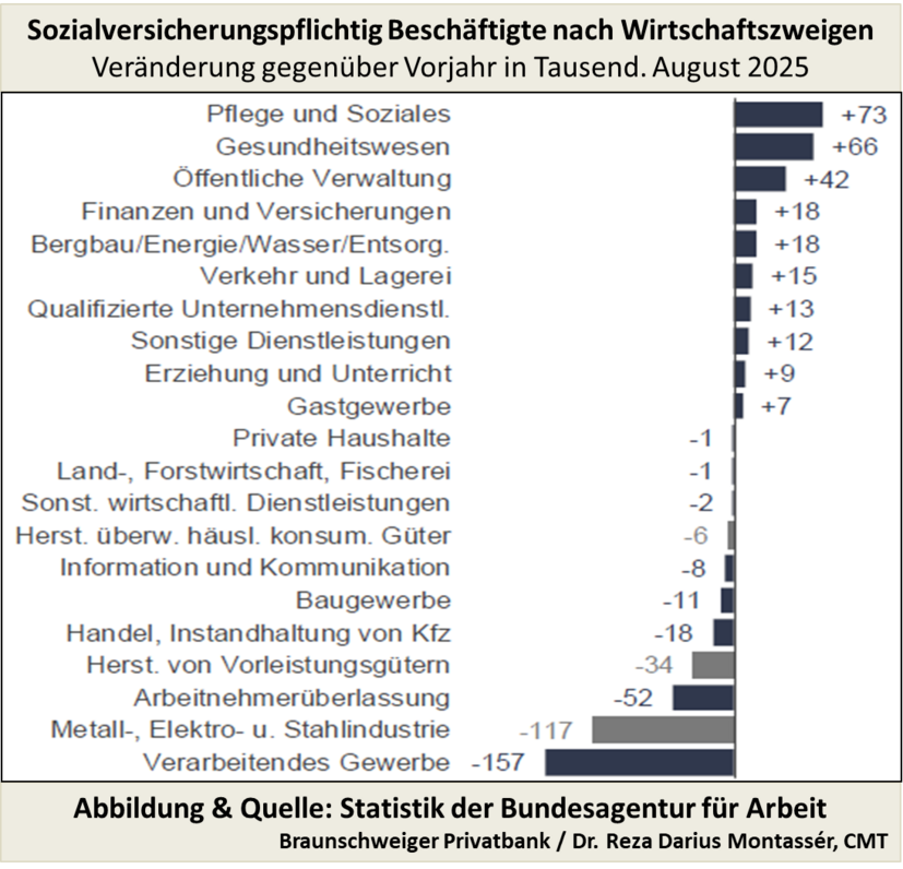 Diagramm: Beschäftigtenveränderungen nach Branchen in Deutschland, August 2025. Größter Anstieg in Pflege, Rückgang in Industrie.