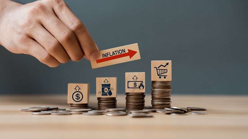 Hand hebt einen Holzblock mit "Inflation" über gestapelte Münzen und Symbole für steigende Preise.