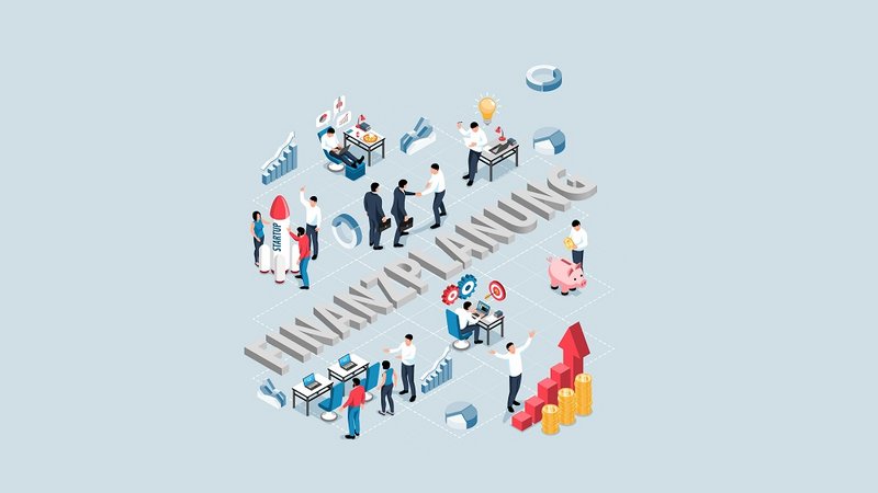 Menschen arbeiten in einem Büro an Finanzplanung, mit Diagrammen, Raketen und Sparschwein auf hellblauem Hintergrund.