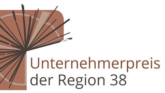 Logo des Unternehmerpreises der Region 38 mit abstraktem Design und Text rechts daneben.