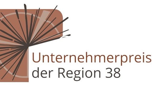 Logo des Unternehmerpreises der Region 38 mit abstraktem Design und Text rechts daneben.