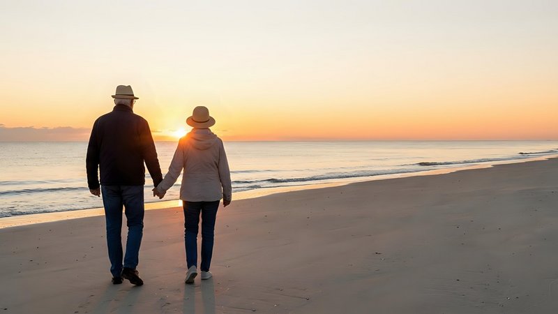 Älteres Paar spaziert Hand in Hand am Strand bei Sonnenuntergang, friedliche Meereskulisse im Hintergrund.