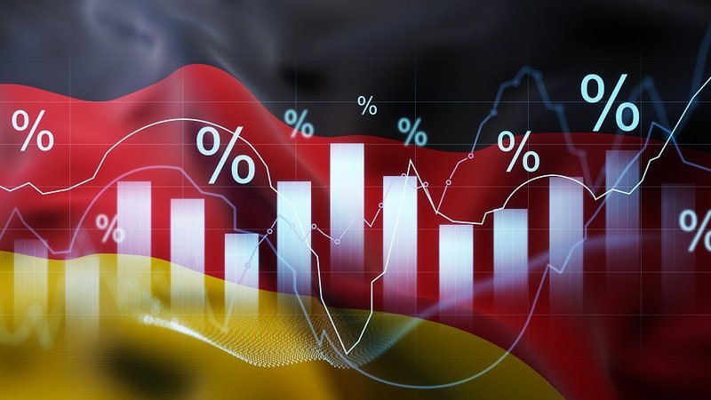 Steigende Balkendiagramme und Prozentzeichen vor deutscher Flagge, symbolisiert Wirtschaftstrends in Deutschland.