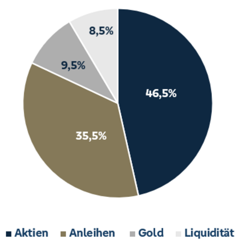 Tortendiagramm zeigt: 46,5% Aktien, 35,5% Anleihen, 9,5% Gold, 8,5% Liquidität.