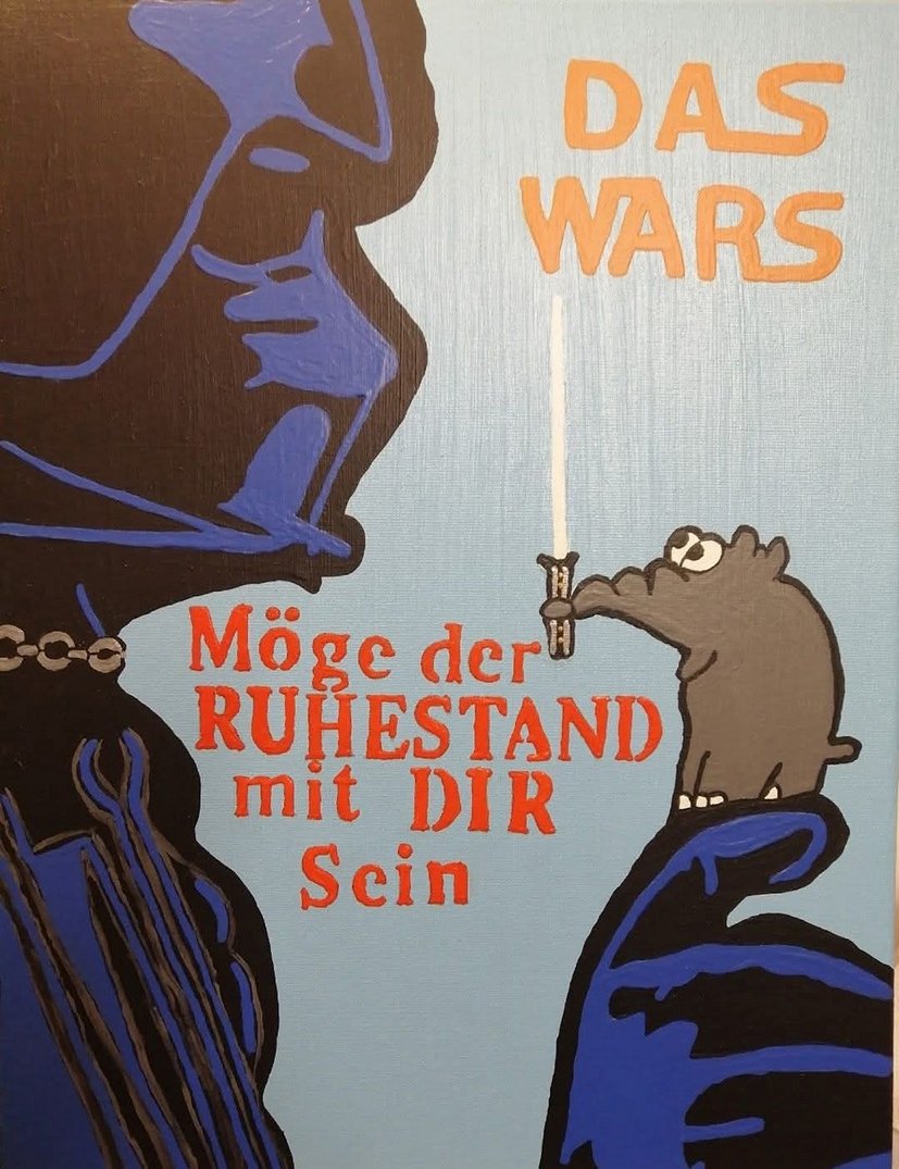 Darth Vader Silhouette, Schriftzug: "Das wars. Möge der Ruhestand mit dir sein." Mit Lichtschwert haltenem Nashorn.