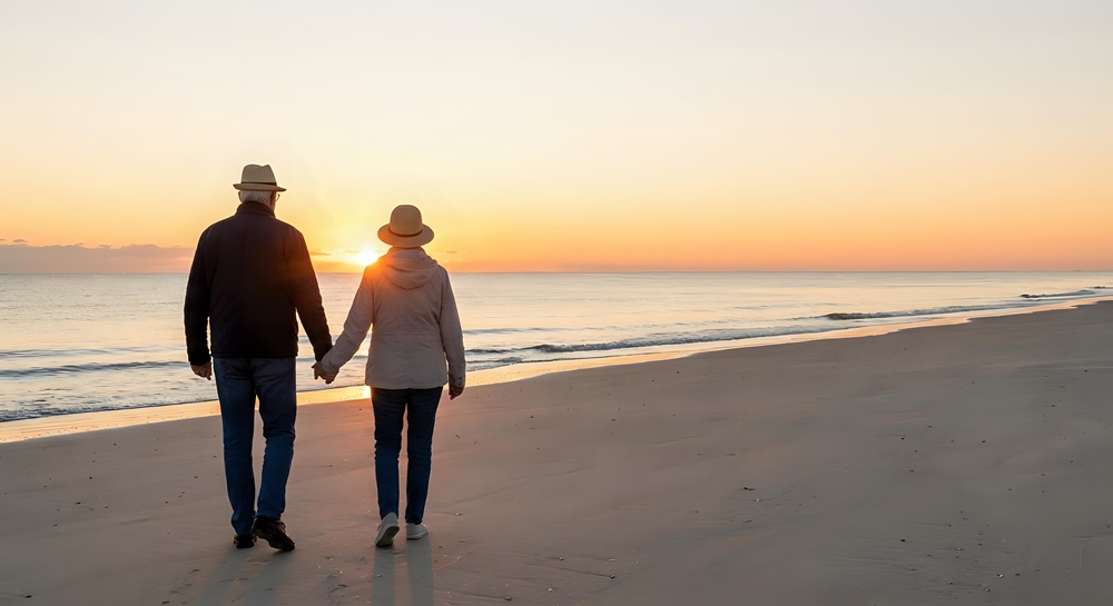 Älteres Paar spaziert Hand in Hand am Strand bei Sonnenuntergang, friedliche Meereskulisse im Hintergrund.